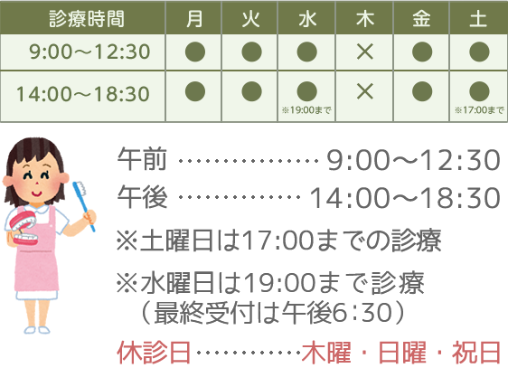 診療時間：【午前】9:00 ～ 12:30【午後】14:00 ～ 18:30【休診日】木曜・日曜・祝日※水曜日は19:00まで診療　※土曜日は17:00までの診療